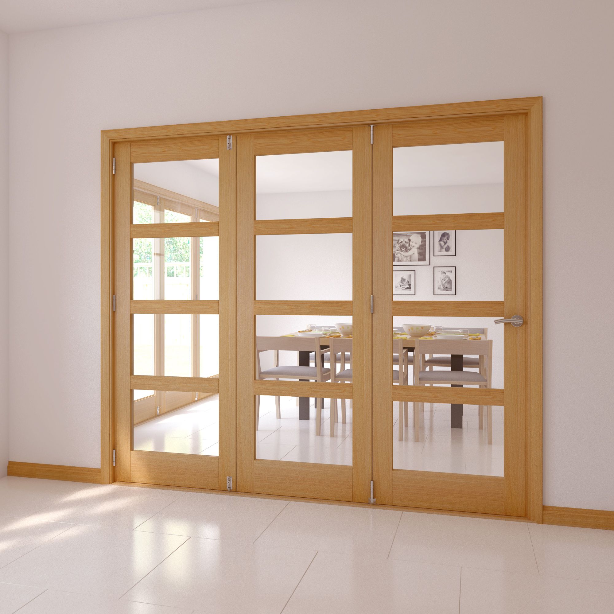4 Lite Clear Glazed Shaker Oak veneer Internal Folding Tri-fold Door set, (H)2035mm (W)2146mm