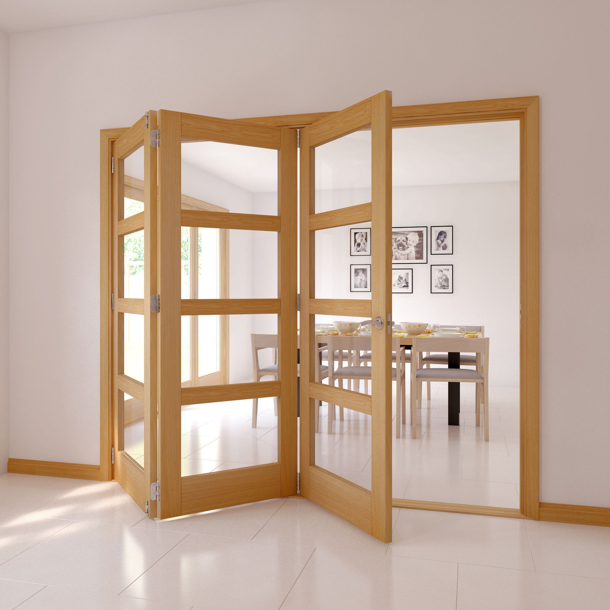 4 Lite Clear Glazed Shaker Oak veneer Internal Folding Tri-fold Door set, (H)2035mm (W)2146mm
