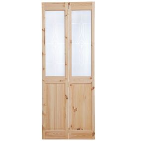 4 panel 2 Lite Decorative Glazed Victorian Unfinished Knotty pine Internal Bi-fold Door set, (H)2005mm (W)815mm