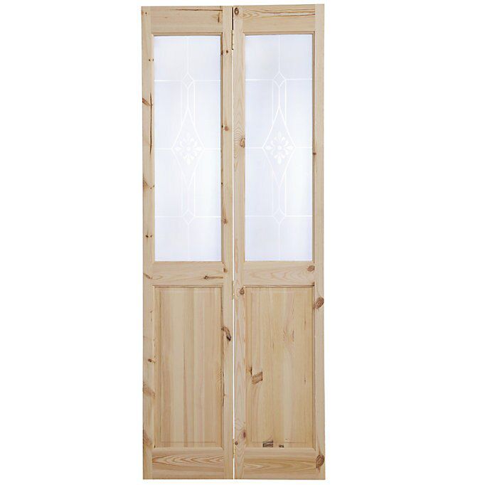 4 Panel 2 Lite Frosted Glazed Knotty Pine Internal Bi-fold Door Set, (H ...