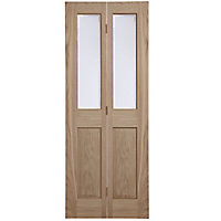 4 panel 2 Lite Frosted Glazed Veneered White oak effect Timber Oak veneer LH & RH Internal Bi-fold Door set, (H)1950mm (W)753mm