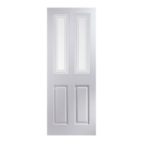 4 panel 2 Lite Patterned Glazed White Internal Door, (H)1981mm (W)762mm (T)44mm