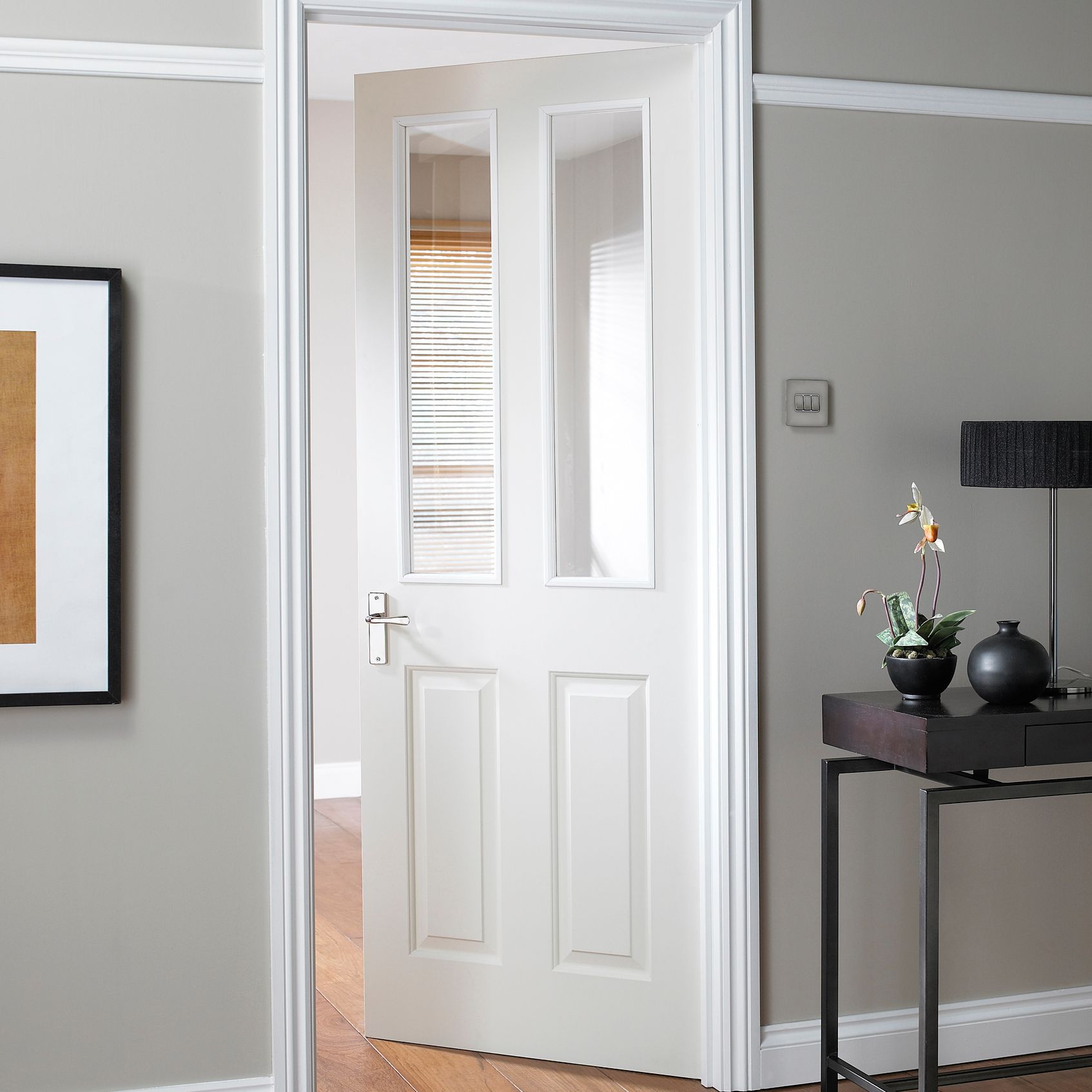 4 panel Clear Glazed Contemporary White Internal Door, (H)1981mm (W)762mm (T)35mm