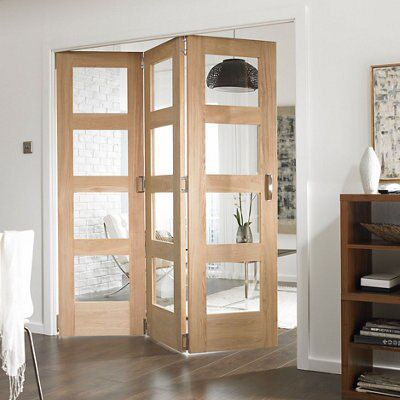 4 panel Clear Glazed Shaker Hardwood Oak veneer Internal Folding Door set, (H)1981mm (W)3660mm