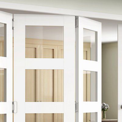 4 panel Clear Glazed Shaker White MDF Internal Folding Door set, (H)1981mm (W)2440mm