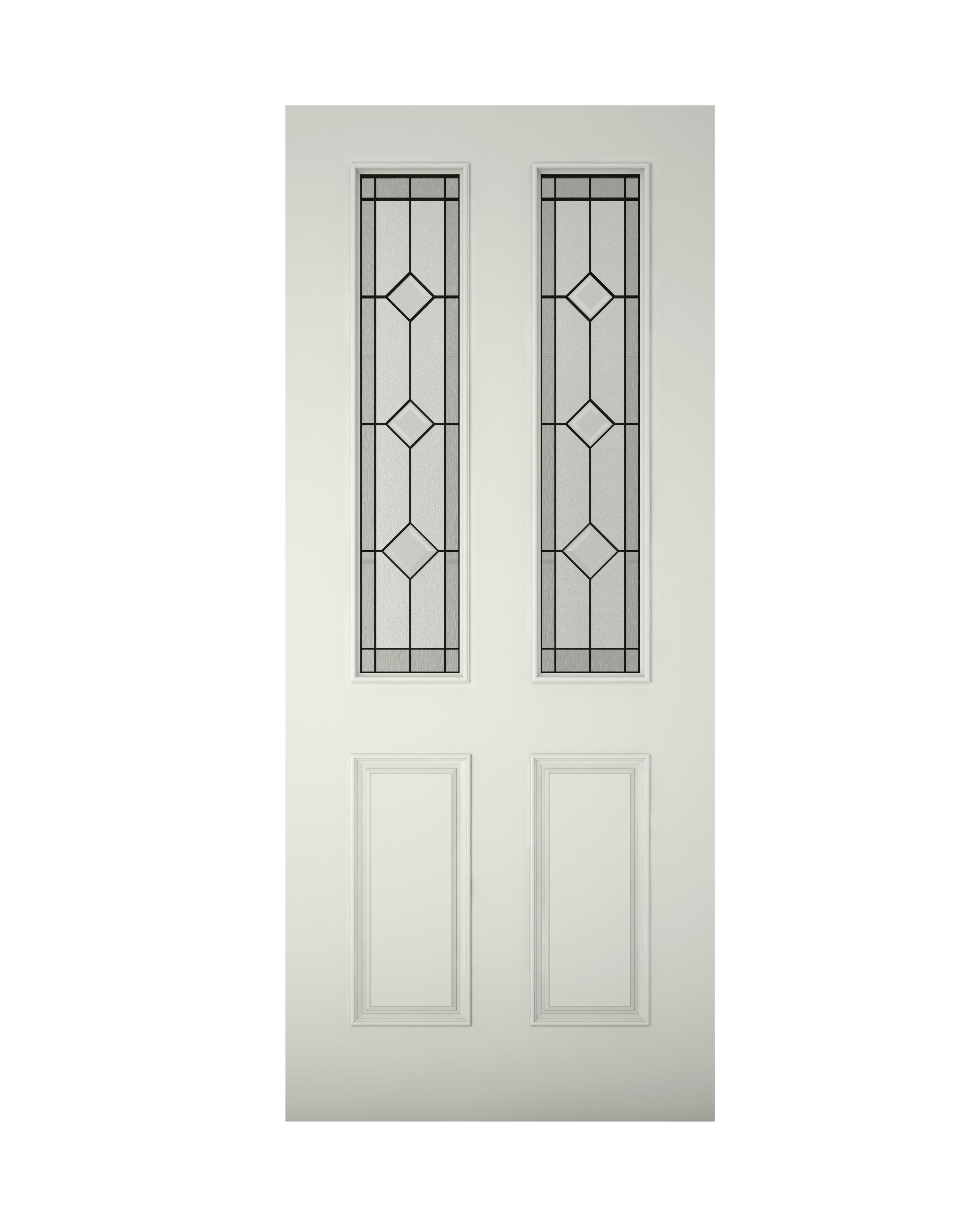 4 panel Diamond bevel Decorative leaded Glazed Raised moulding White Reversible External Front Door set & letter plate, (H)2074mm (W)932mm