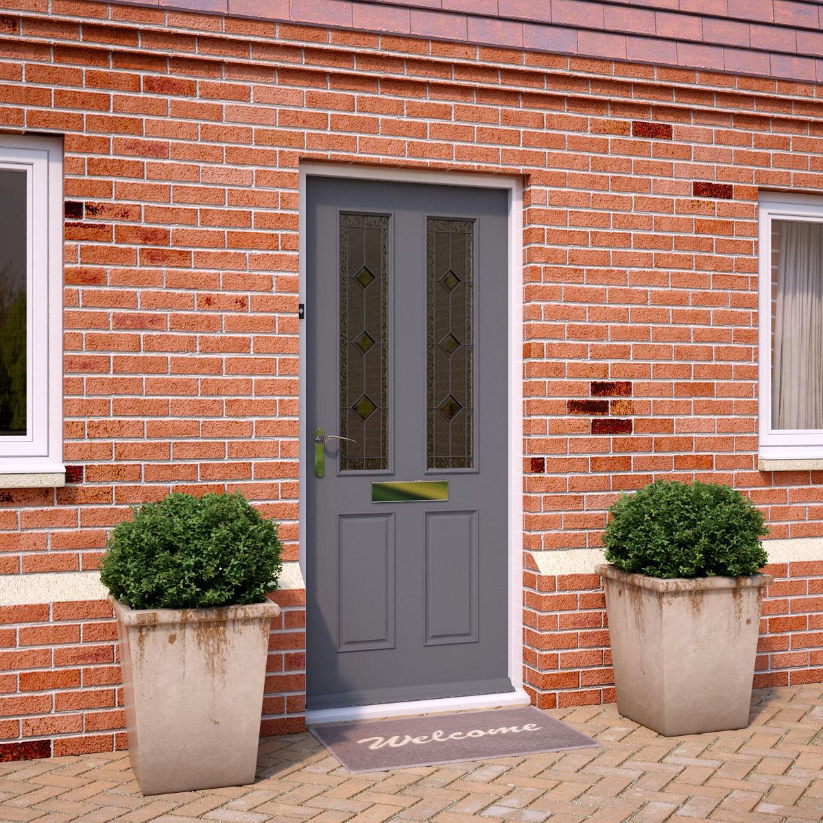 4 panel Diamond bevel Decorative leaded Glazed Raised moulding White Reversible External Front Door set & letter plate, (H)2074mm (W)932mm