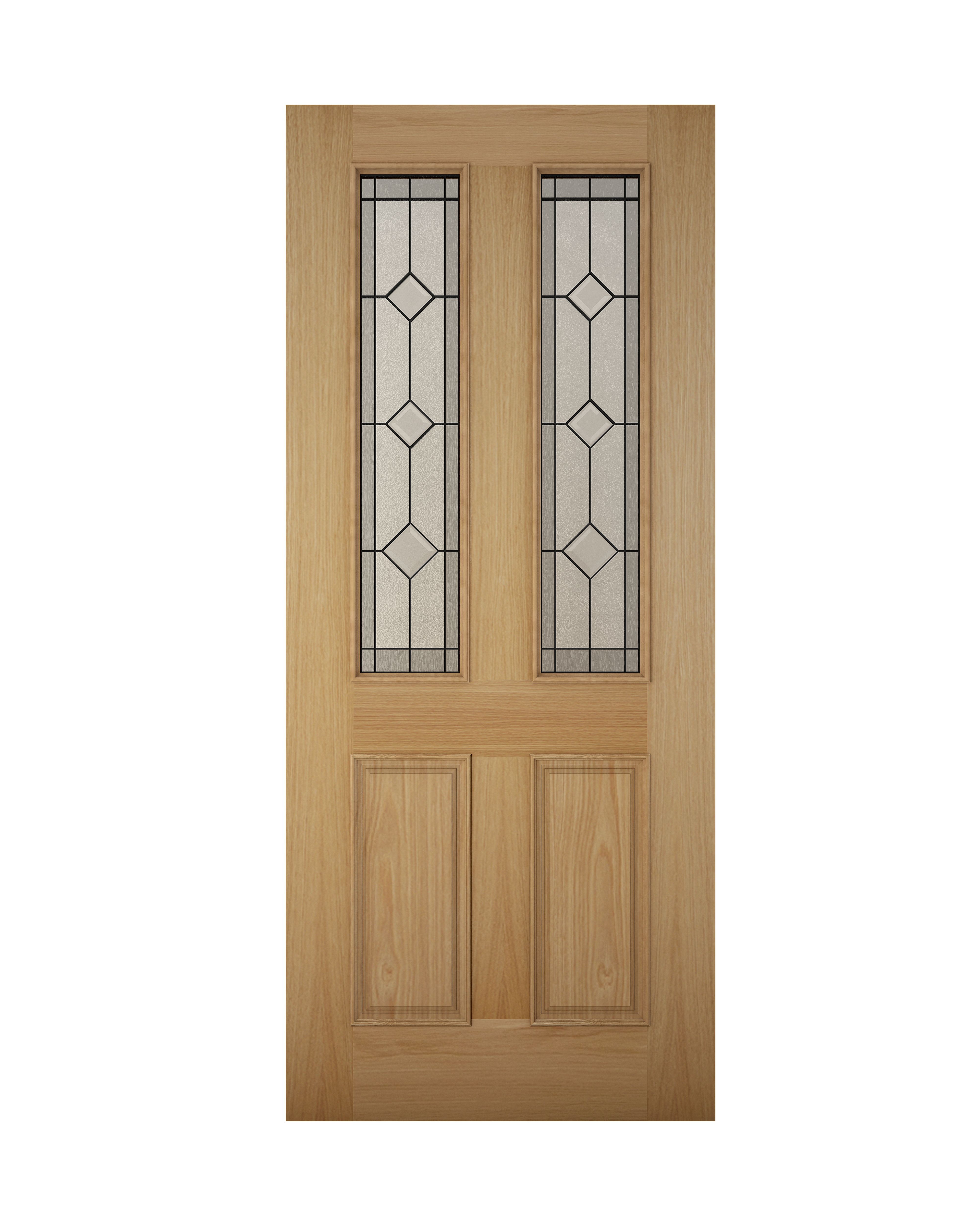 4 panel Diamond bevel Glazed Raised moulding White oak veneer Reversible External Front Door set & letter plate, (H)2074mm (W)932mm