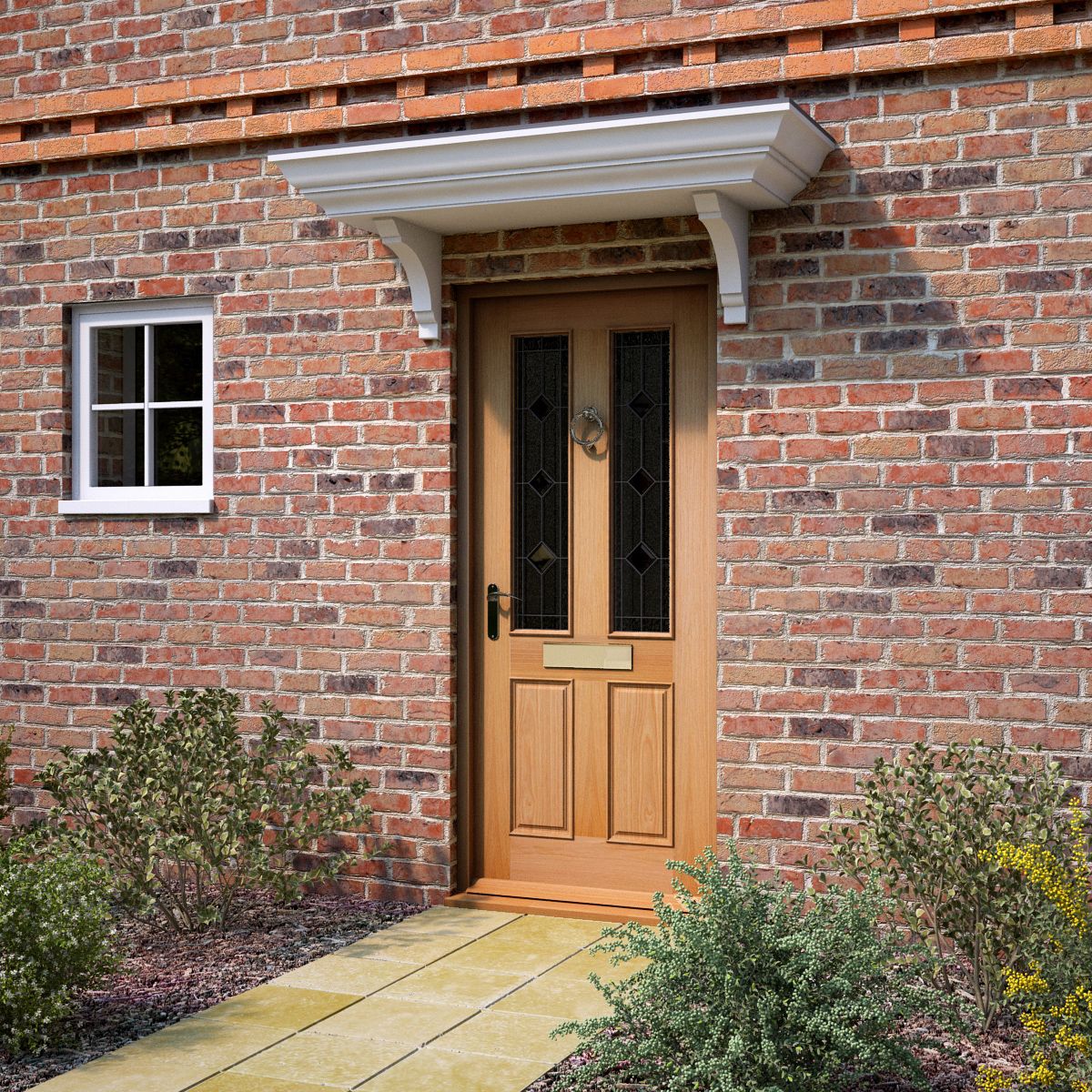 4 panel Diamond bevel Leaded Glazed Wooden White oak veneer External Panel Front door, (H)2032mm (W)813mm