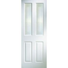 4 panel Etched Frosted Glazed Primed White Woodgrain effect Internal Door, (H)1981mm (W)762mm (T)35mm