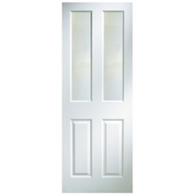 4 panel Frosted Glazed Primed White Woodgrain effect LH & RH Internal Door, (H)1981mm (W)838mm
