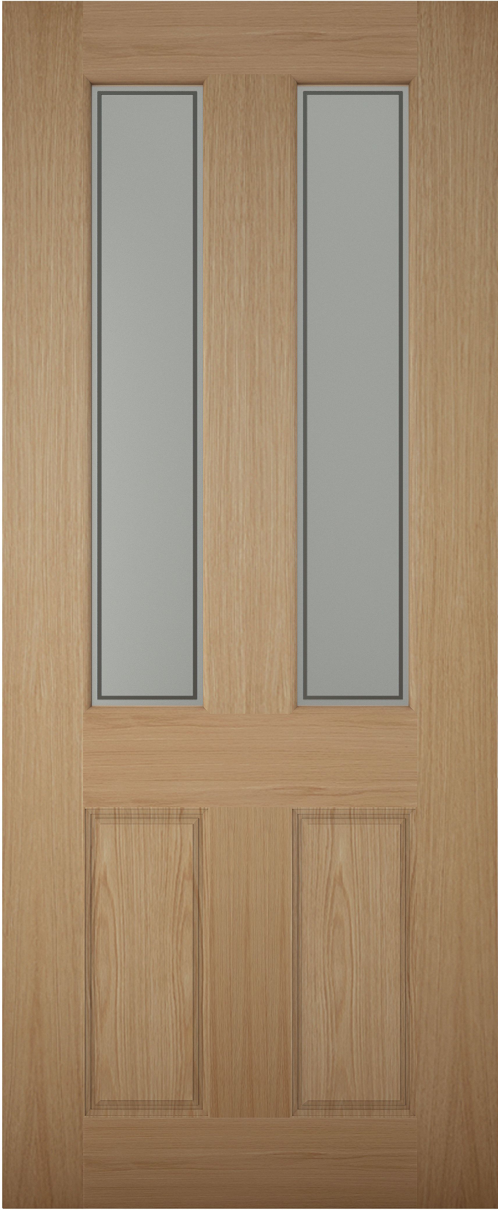 4 panel Frosted Glazed White oak veneer External Front door, (H)2032mm (W)813mm