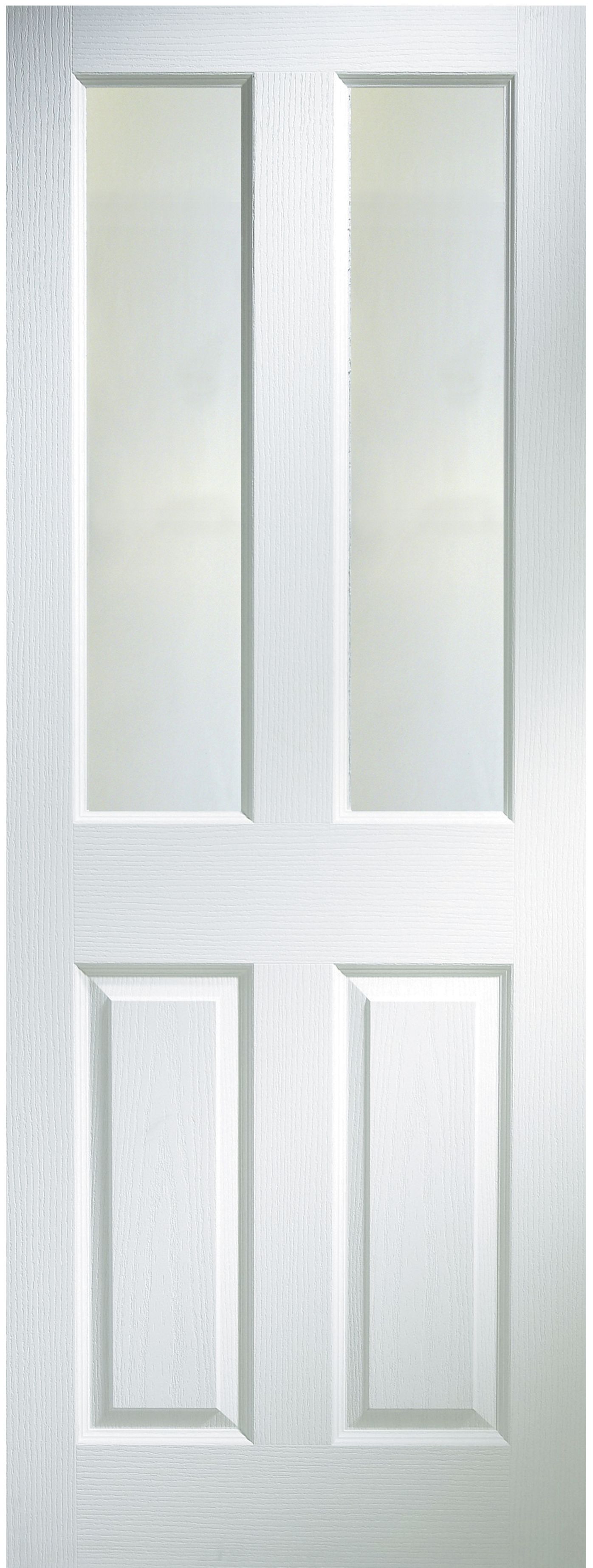 4 panel Frosted Glazed White Woodgrain effect Internal Door, (H)1981mm (W)762mm (T)35mm