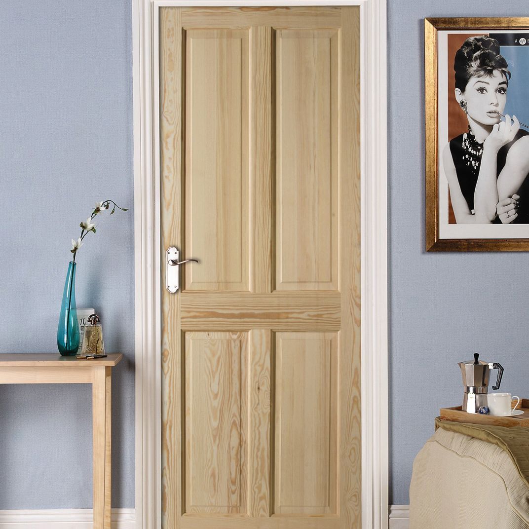 4 panel Unglazed Traditional Pine veneer Internal Clear pine Fire door, (H)2040mm (W)826mm (T)40mm