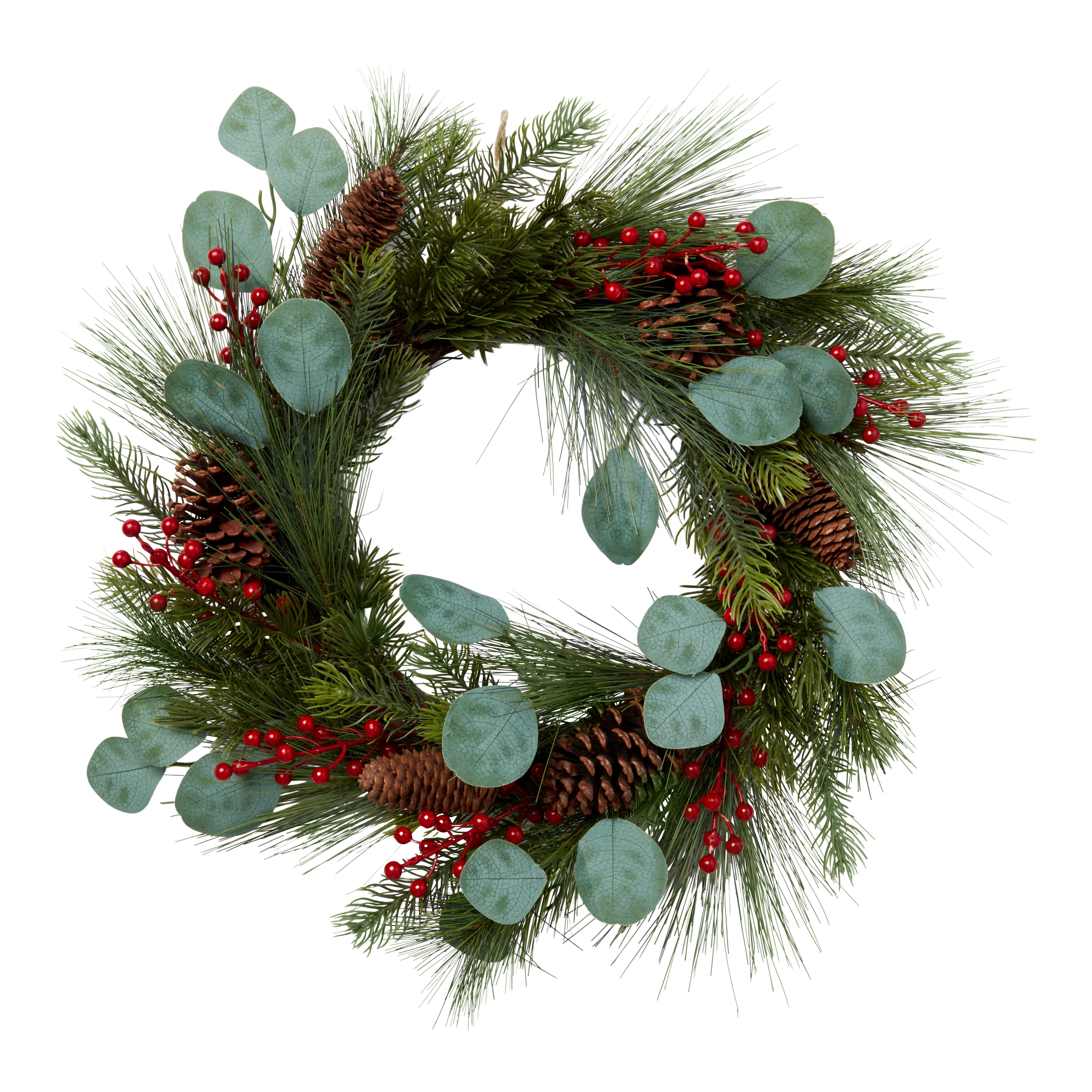 40cm Green Red berries & Pinecones Non-illuminated Wreath