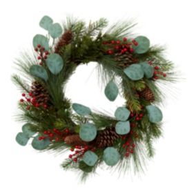 40cm Green Red berries & Pinecones Non-illuminated Wreath