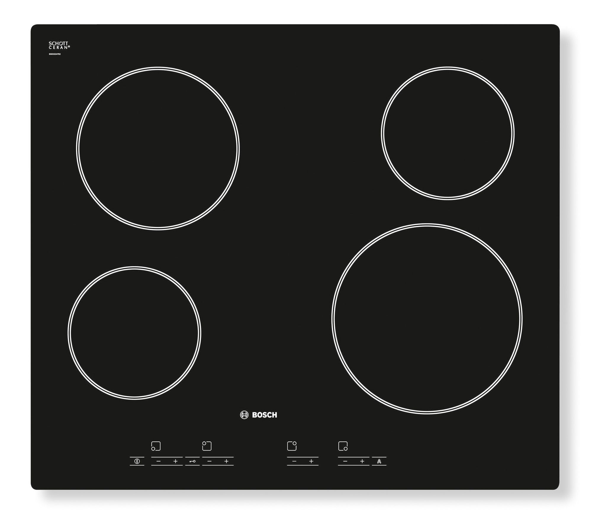 B & Q Bosch PCP6A6B90 4 Zone Black Stainless steel Gas Hob, (W)580mm