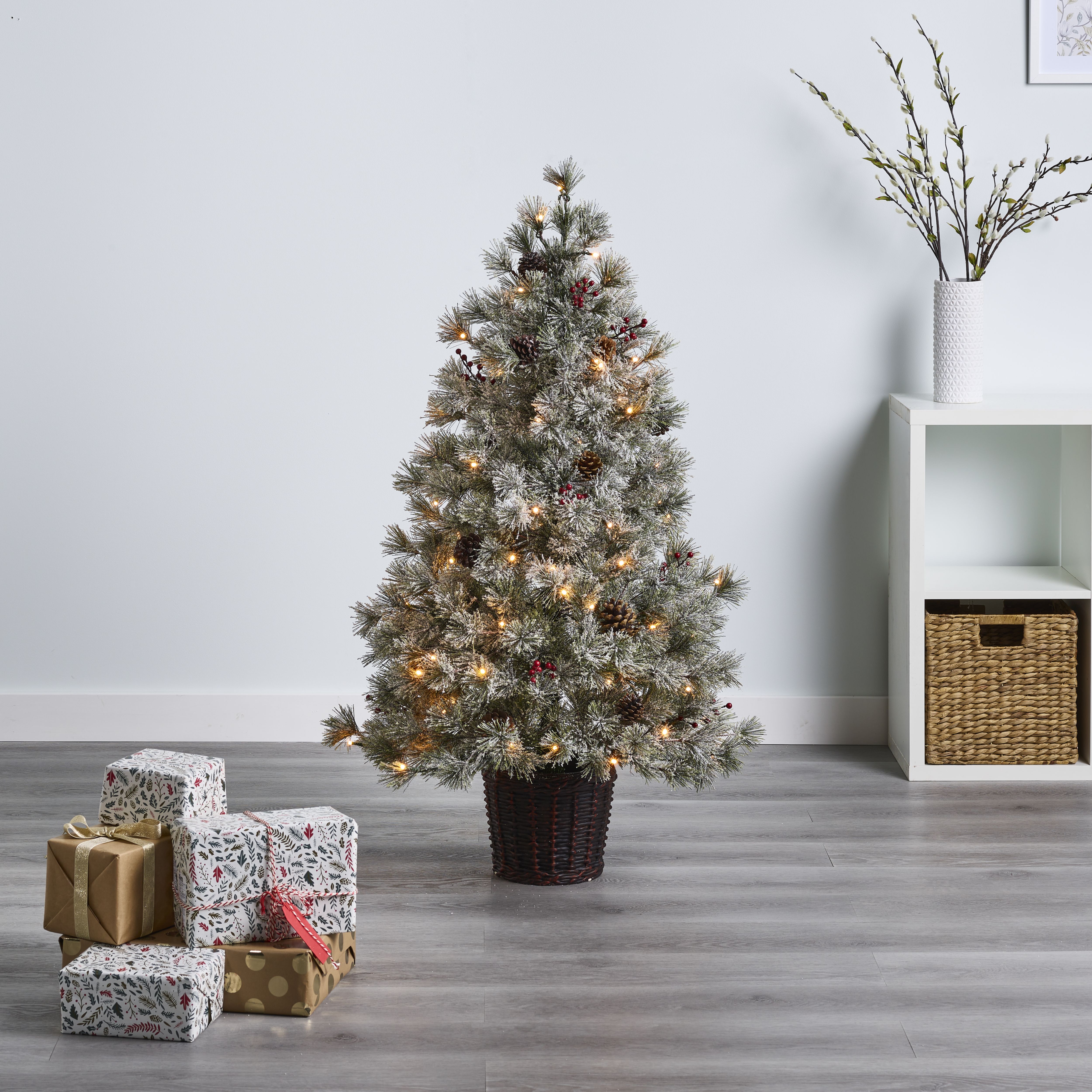 4ft Full Forrester Warm white LED Berries Pine Cones Pre lit Artificial christmas tree