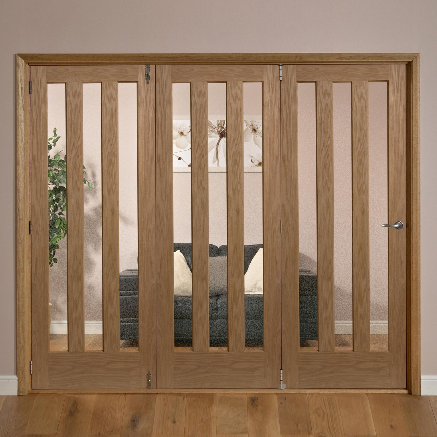 Saxton 3 panel 3 Lite Oak veneer LHed Tri-fold Door set, (H)2035mm (W)2146mm