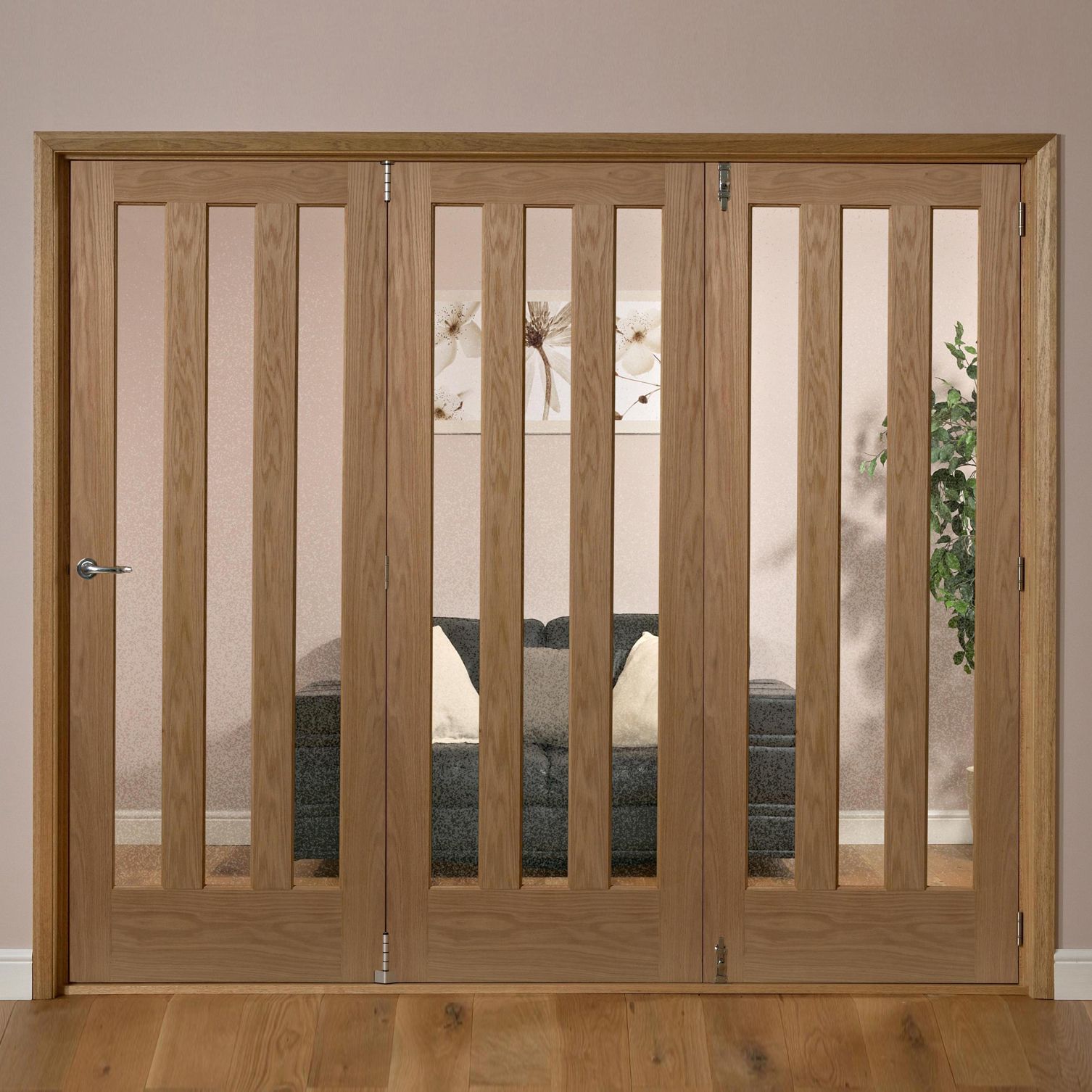 Saxton 3 panel 3 Lite Oak veneer RHed Tri-fold Door set, (H)2035mm (W)2146mm