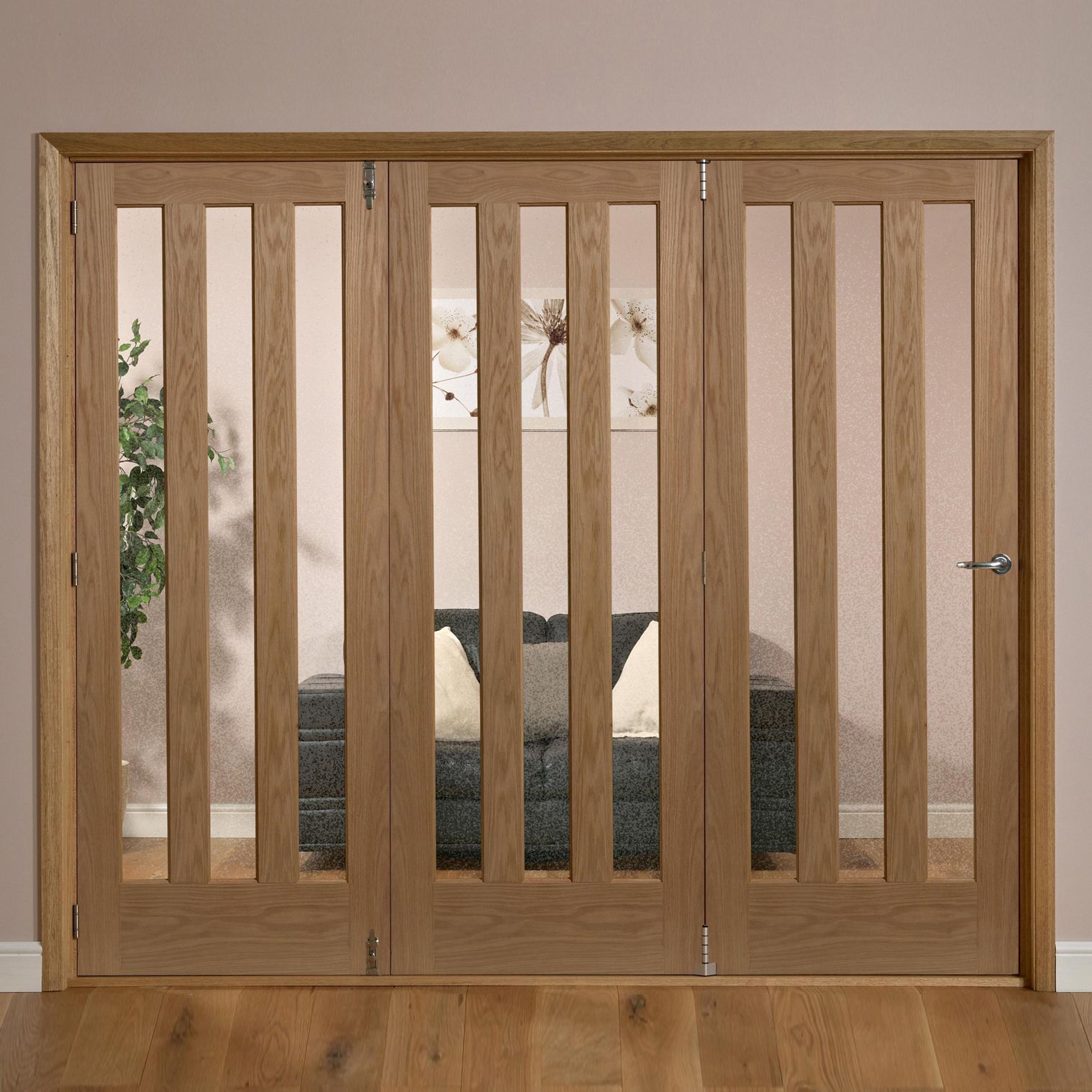 Saxton 3 panel 3 Lite Oak veneer LHed Tri-fold Door set, (H)2035mm (W)2374mm