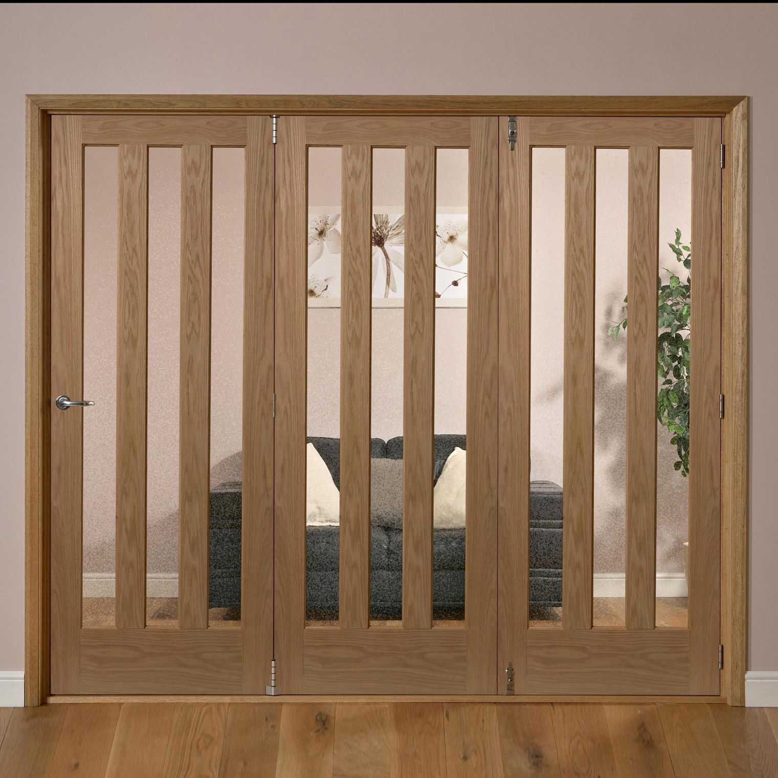 Saxton 3 panel 3 Lite Oak veneer RHed Tri-fold Door set, (H)2035mm (W)2374mm