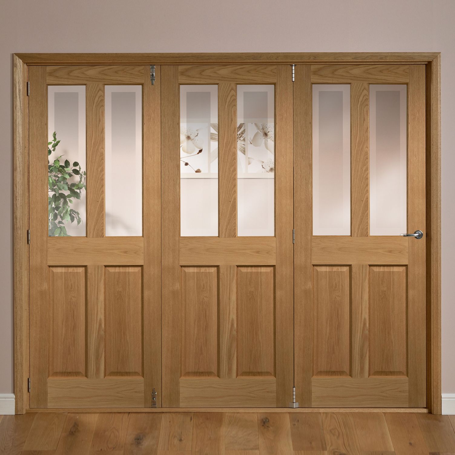 Elveden 4 panel 2 Lite Oak veneer LHed Tri-fold Door set, (H)2035mm (W)2146mm