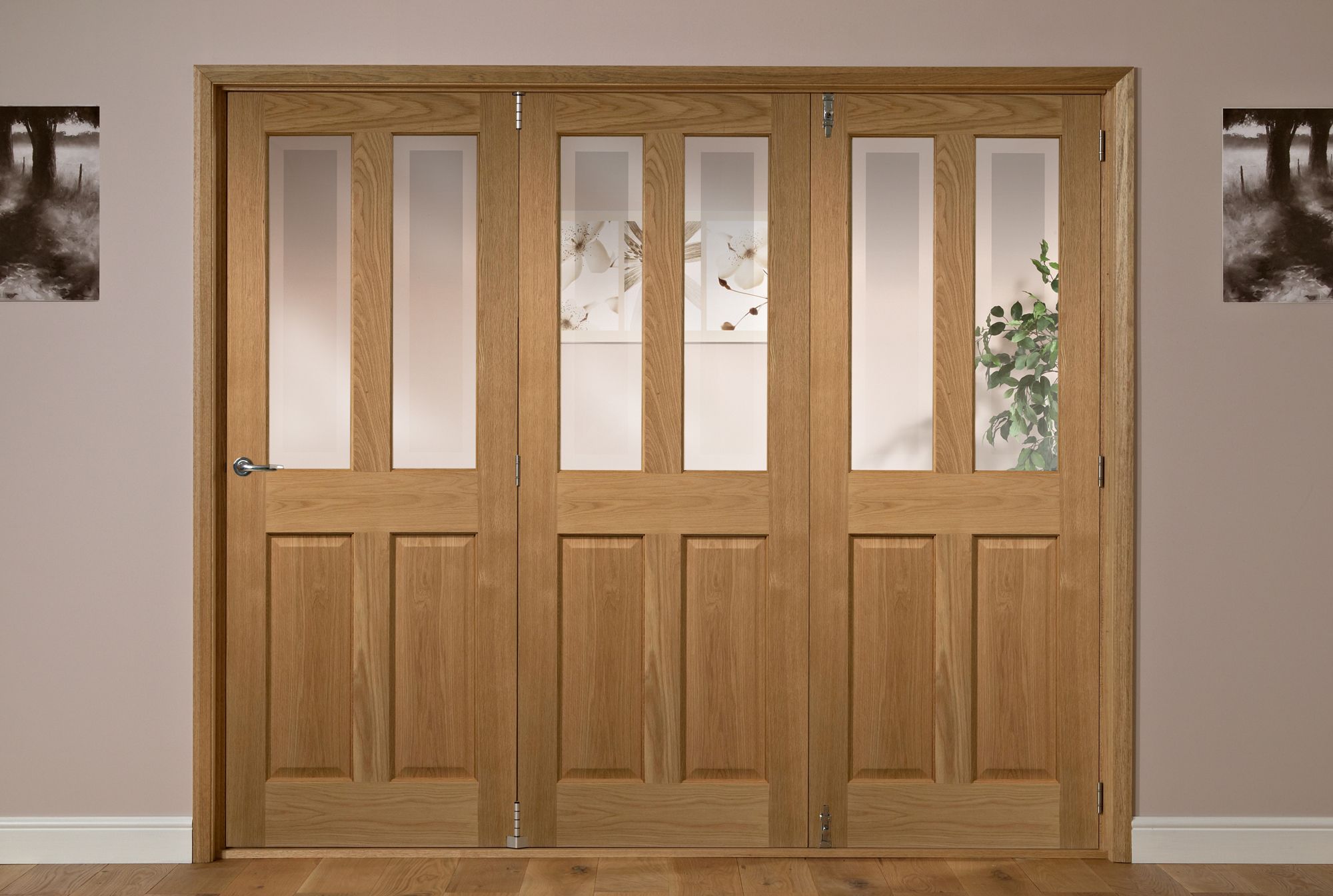 Elveden 4 panel 2 Lite Oak veneer RHed Tri-fold Door set, (H)2035mm (W)2374mm