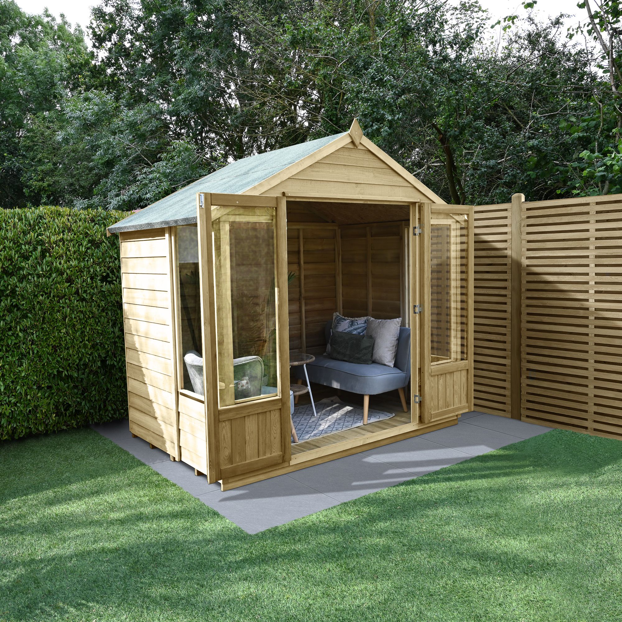 Forest Garden Oakley 7X7 Apex Overlap Solid Wood Summer House With Double Door - Assembly Service Included
