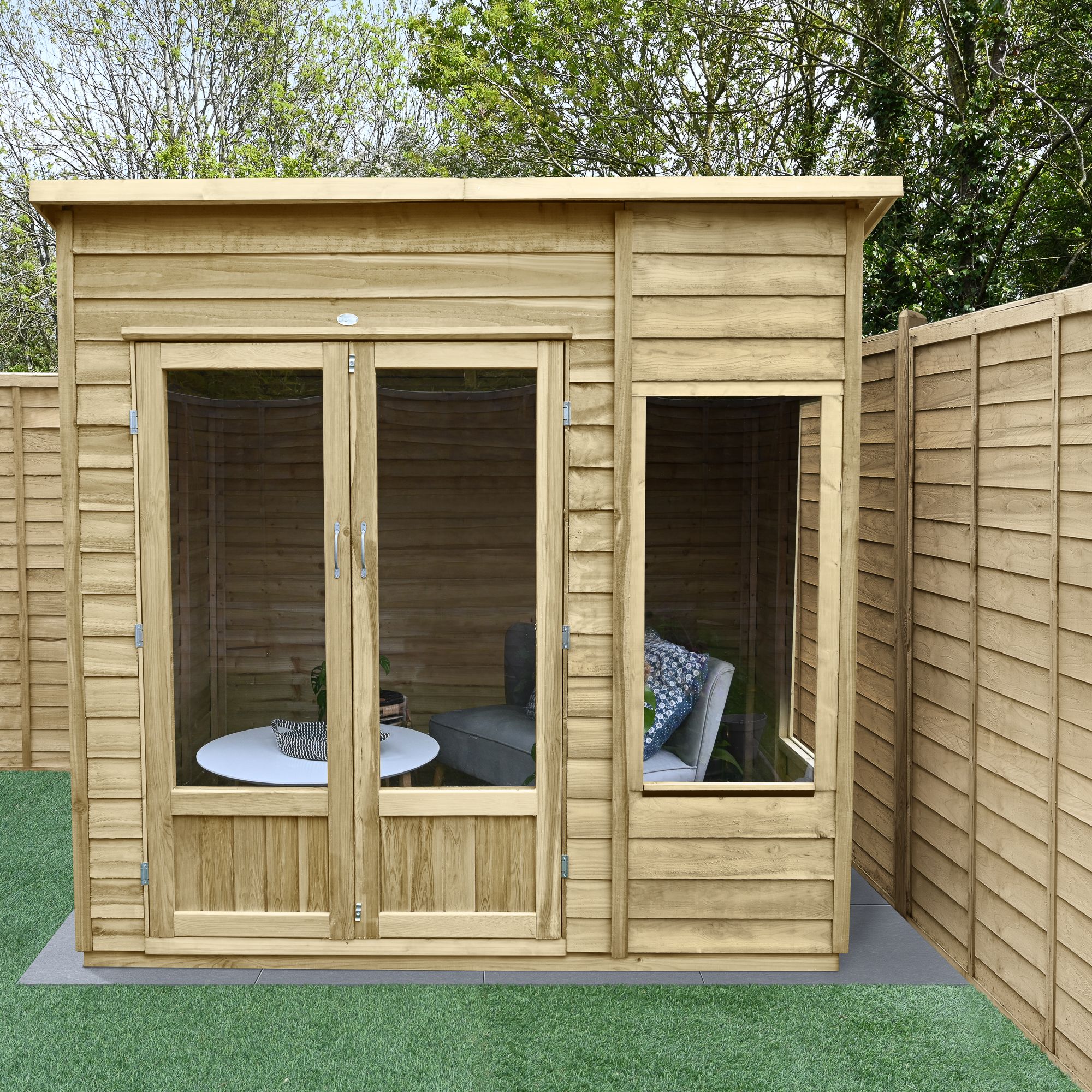 Forest Garden Oakley 7X5 Pent Overlap Solid Wood Summer House With Double Door (Base Included) - Assembly Service Included