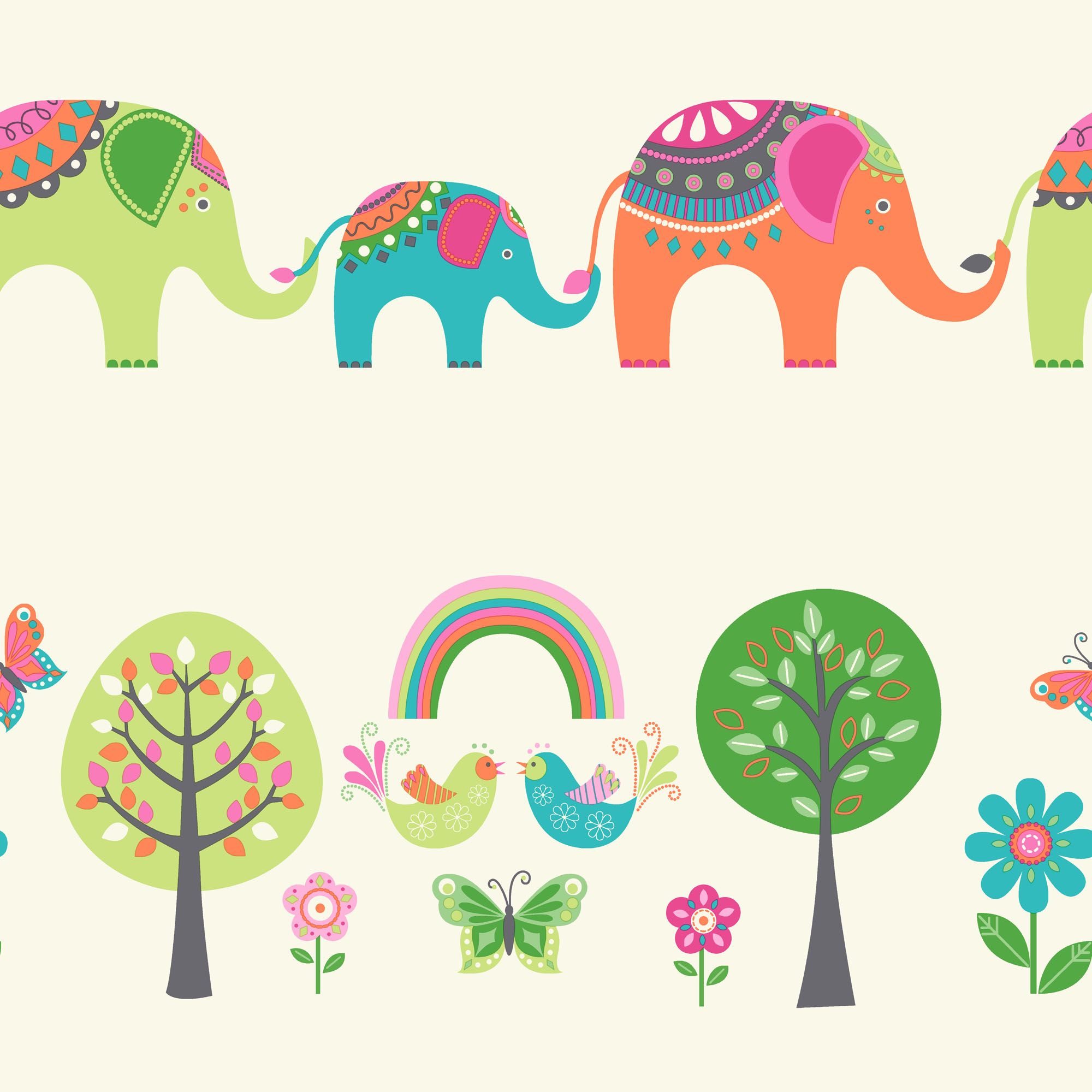 Cream, green & orange Elephants & trees Wallpaper