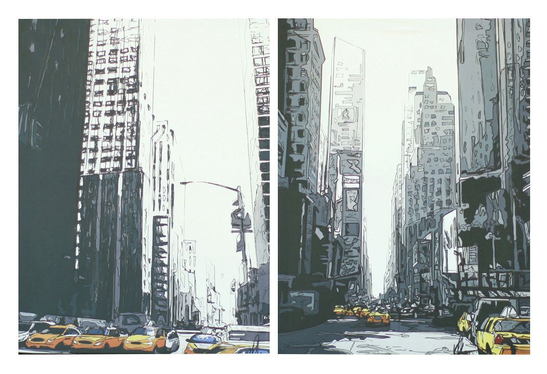 New York taxis city scape Mono Canvas art, Set of 4 (H)650mm (W)480mm