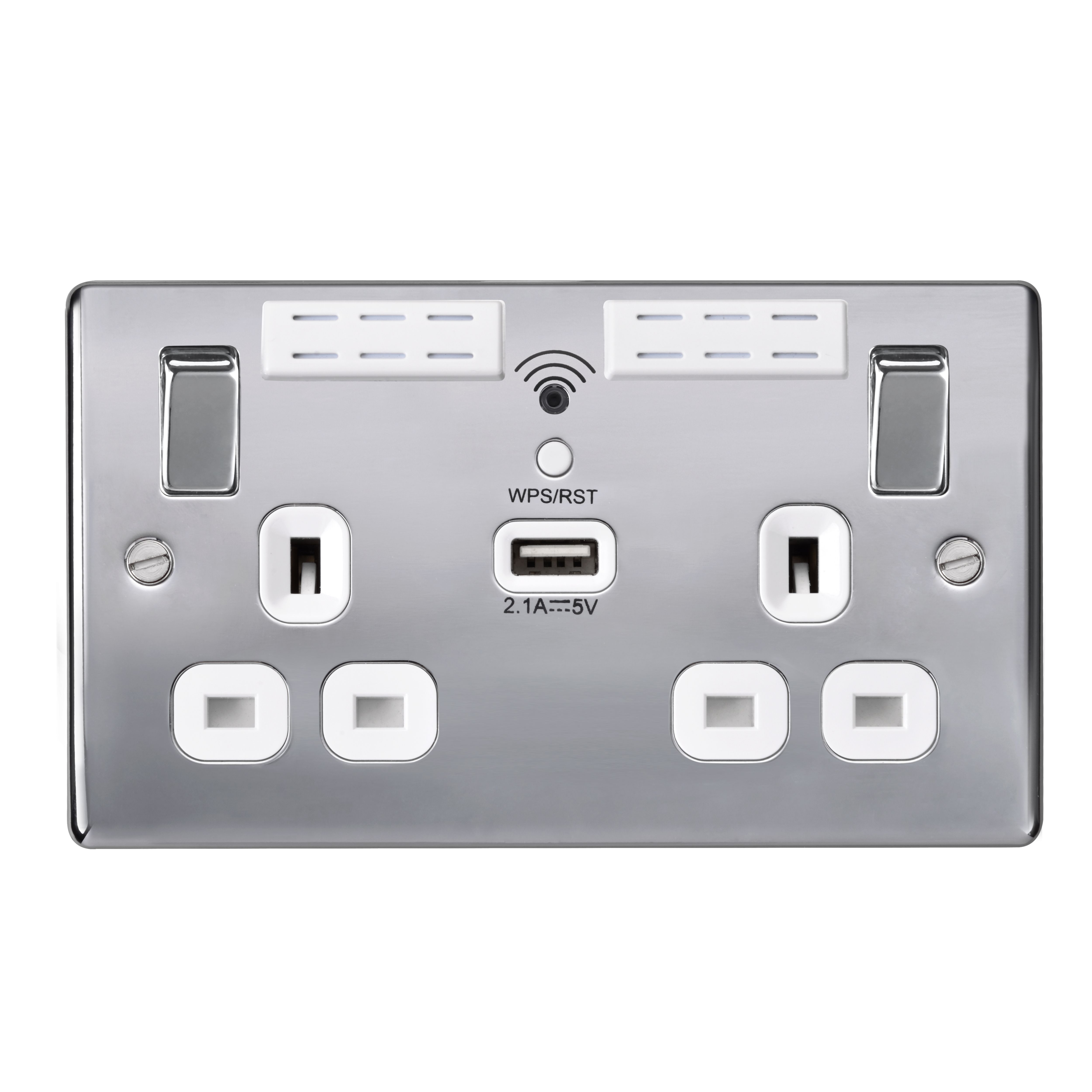 British General Chrome Double 13A Switched Socket with USB, x1and White inserts