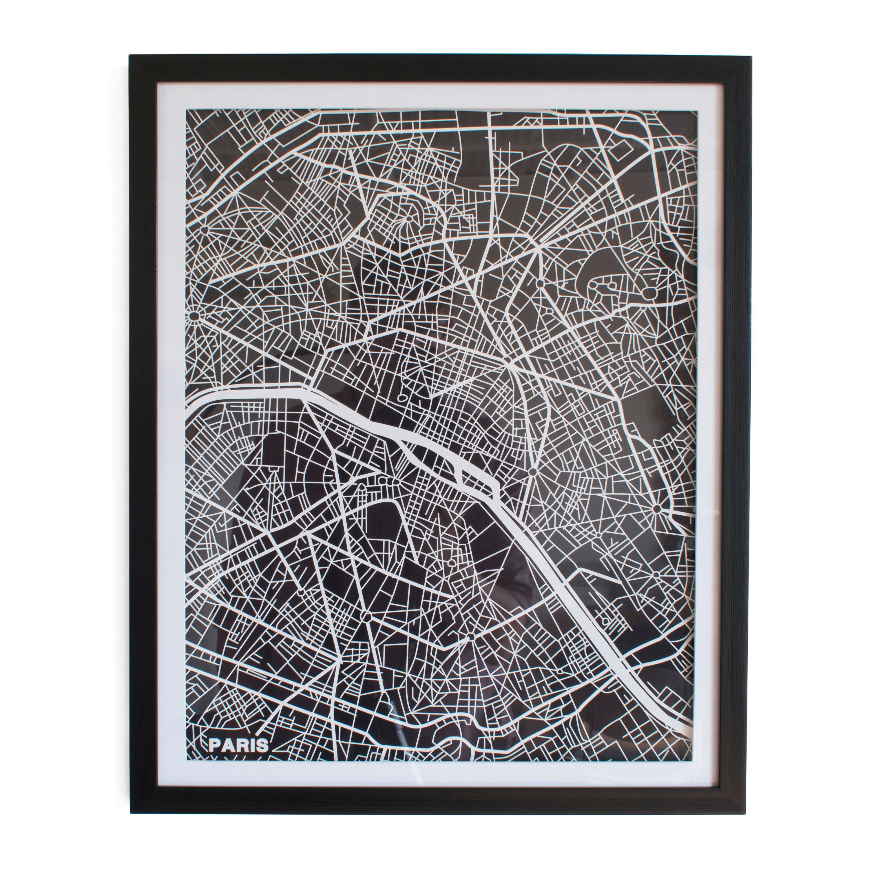 Paris map Black & white Framed print (H)540mm (W)440mm