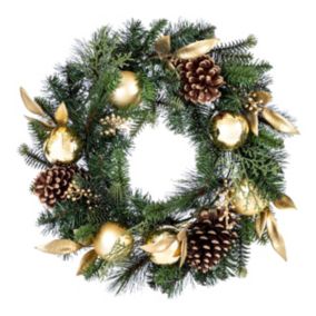 50cm Gold effect Pinecone & baubles Non-illuminated Wreath