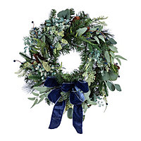 50cm Green Eucalyptus with blue bow Christmas wreath