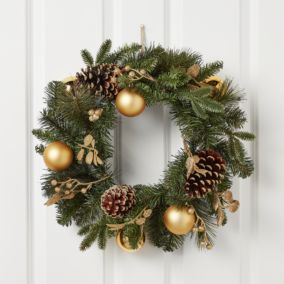 50cm Green Gold effect Baubles, berries & pinecone Wreath