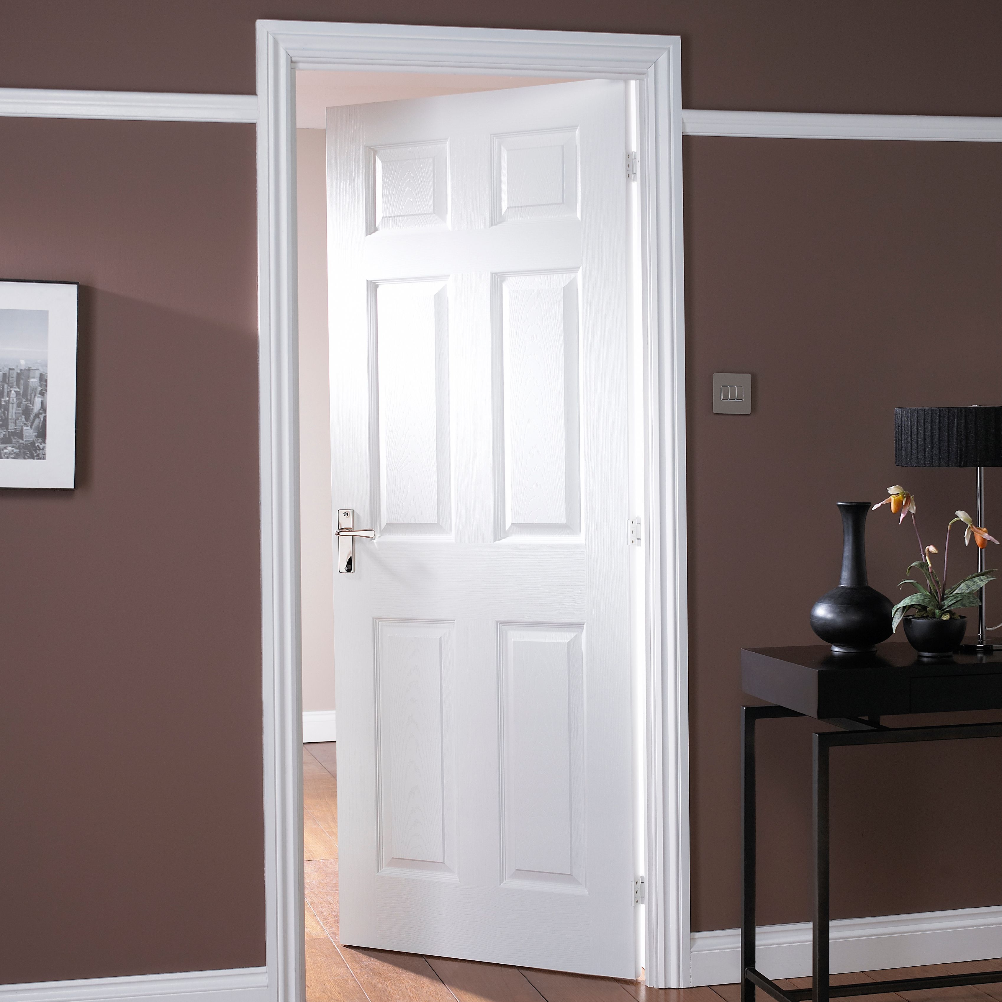 6 Panel Primed White Woodgrain Effect LH & RH Internal Door, (H)1981mm ...