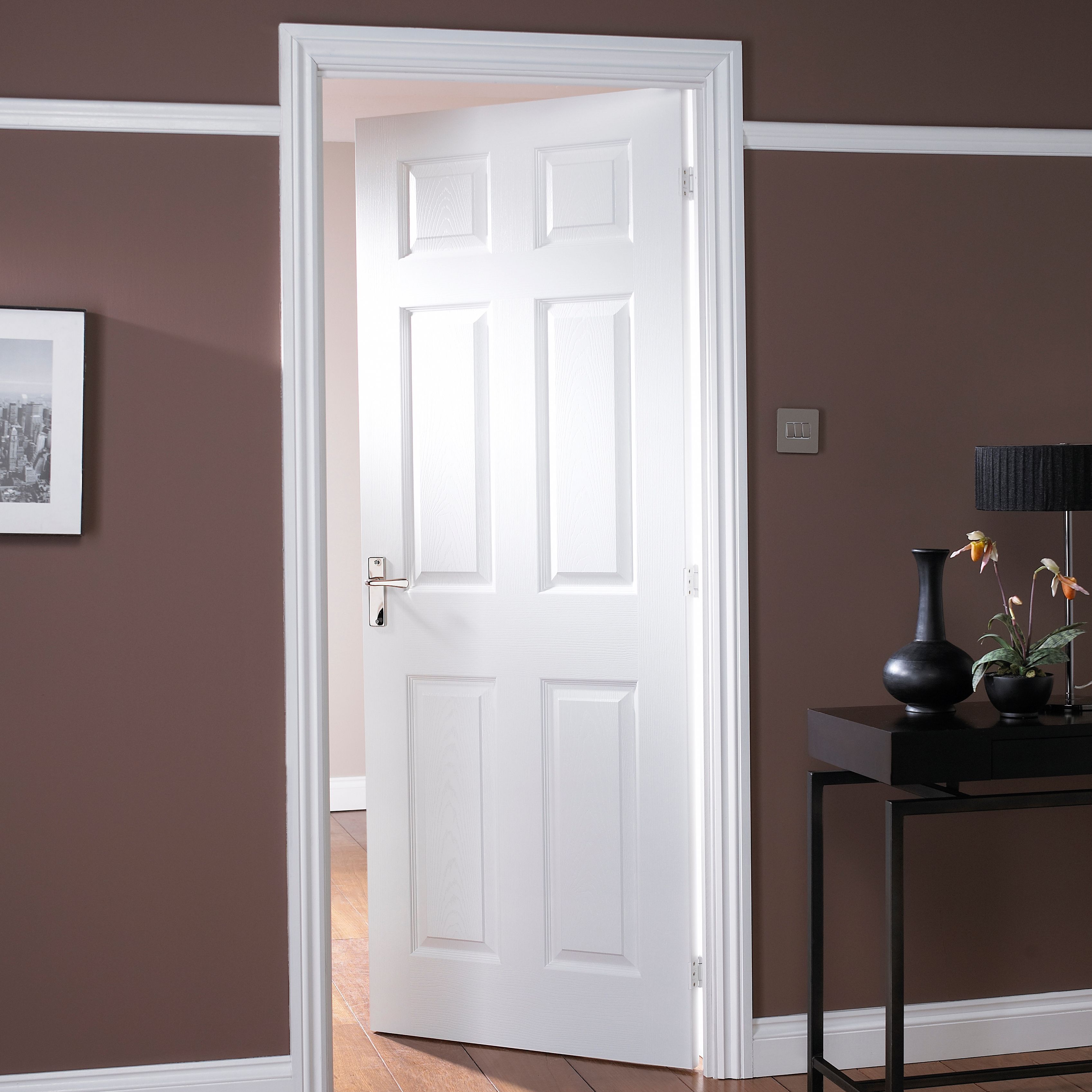 6 panel Unglazed Contemporary White Woodgrain effect Internal Door, (H)2040mm (W)726mm (T)40mm