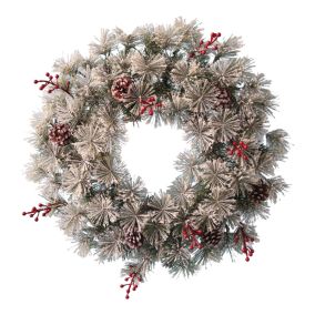 60cm Forrester Green & white Frosted Pinecones & Berries Illuminated Wreath