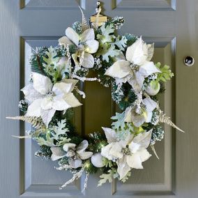 60cm White & silver effect Pre-lit Poinsettia Christmas wreath