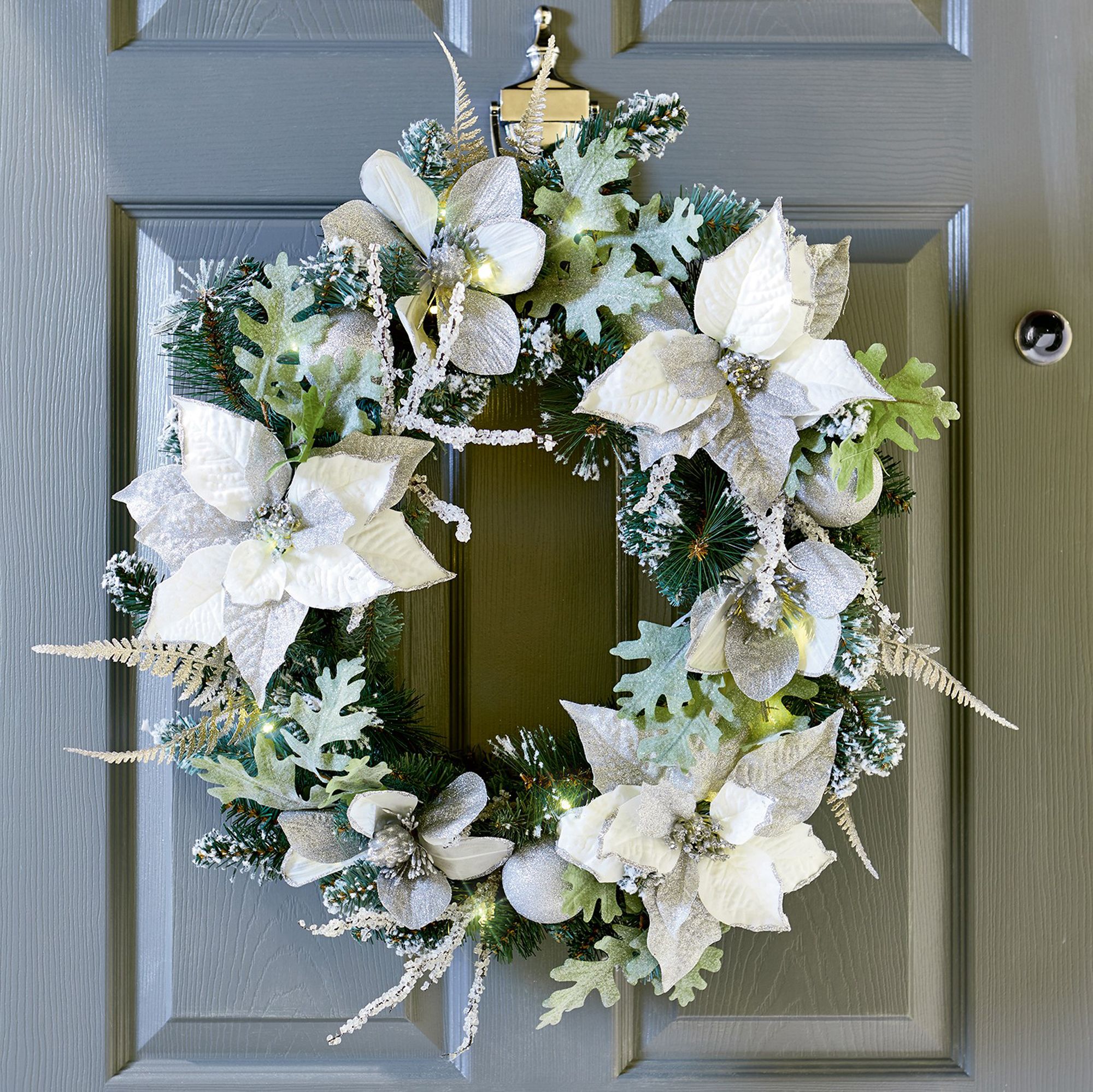 60cm White & silver effect Pre-lit Poinsettia Illuminated Christmas wreath