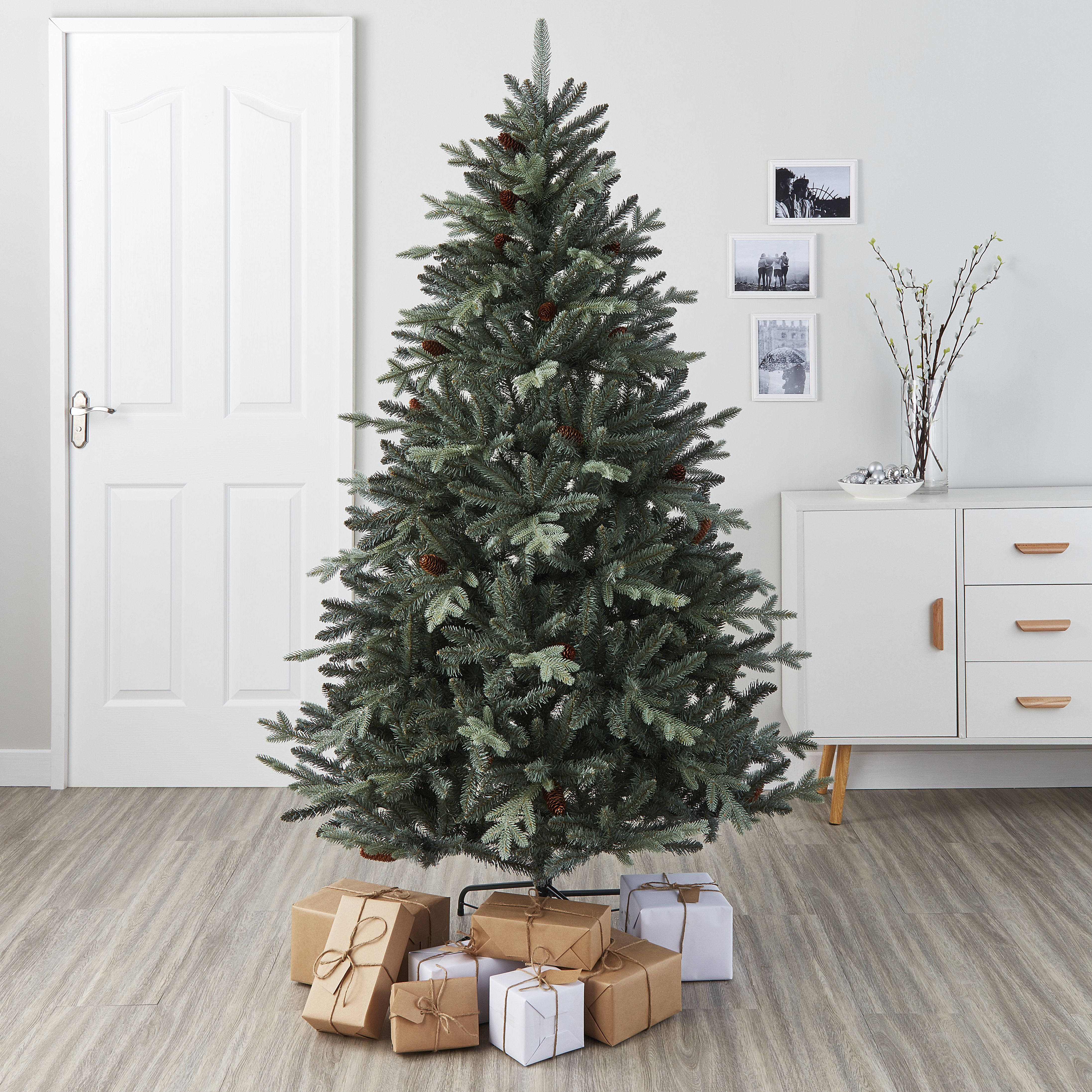 6ft Jura Mint tipped with pinecones Glitter effect Hinged Full Artificial Christmas tree - Mint green