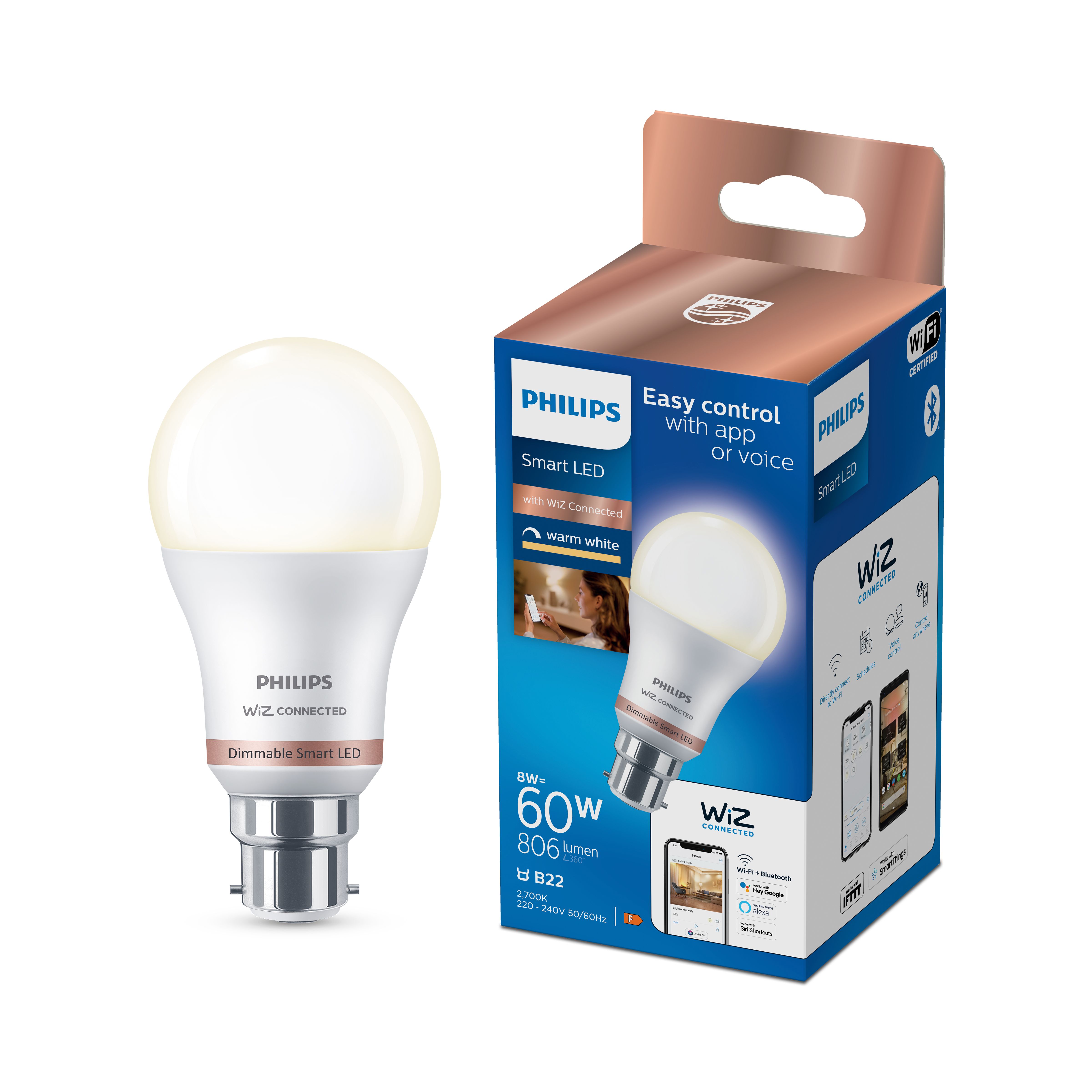 Philips Wiz B22 60W Led Cool White A60 Smart Light Bulb