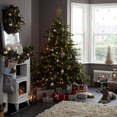8ft Full Thetford Warm white LED Natural looking Pre-lit Artificial Christmas tree - Green