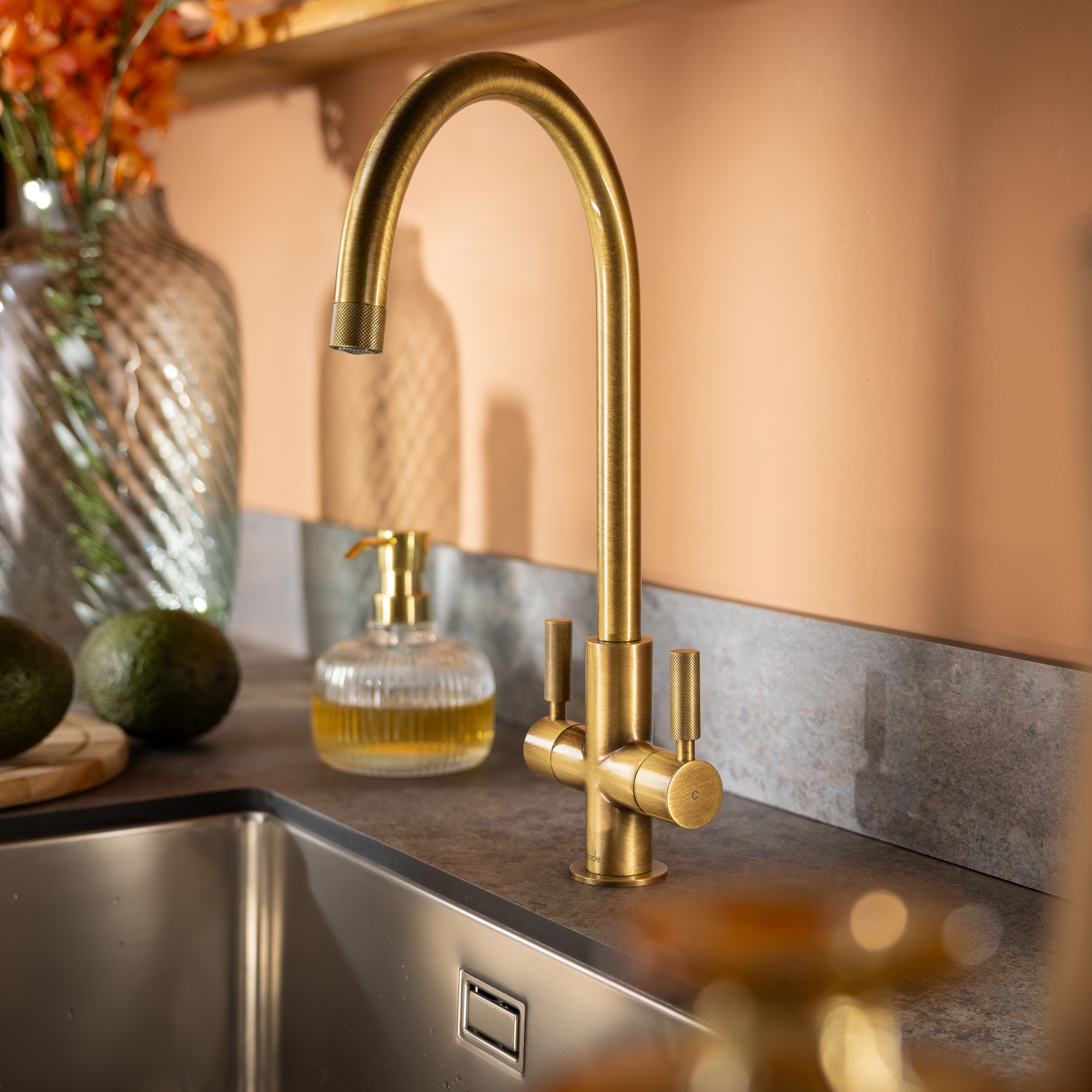Abode Knurle Antique brass effect Kitchen Mono mixer Tap