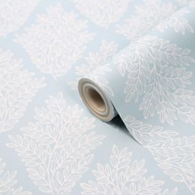 Acinos Blue & white Leaves Smooth Wallpaper Sample