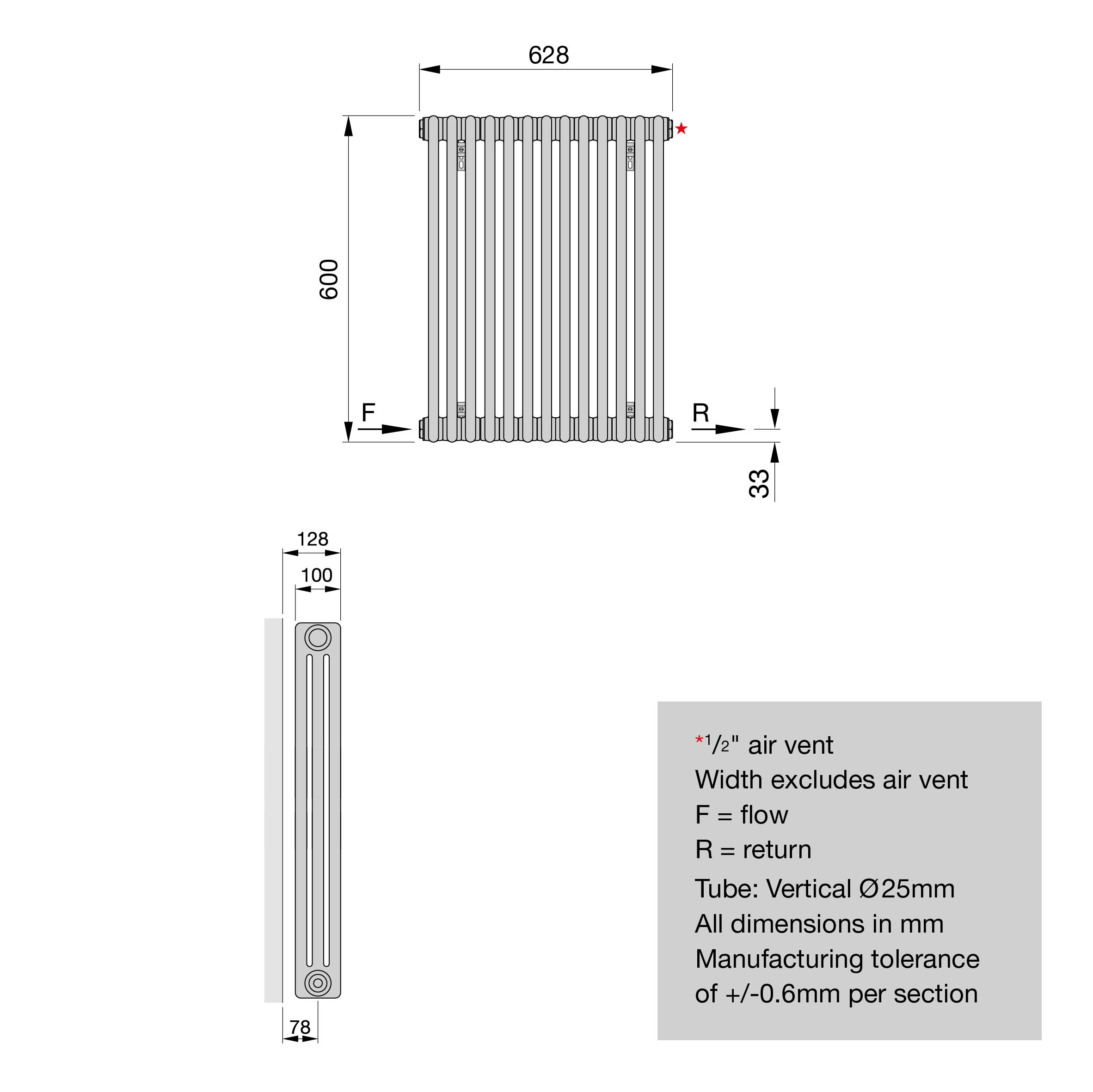 Acova Classic Anthracite 3 Column Radiator, (W)628mm x (H)600mm