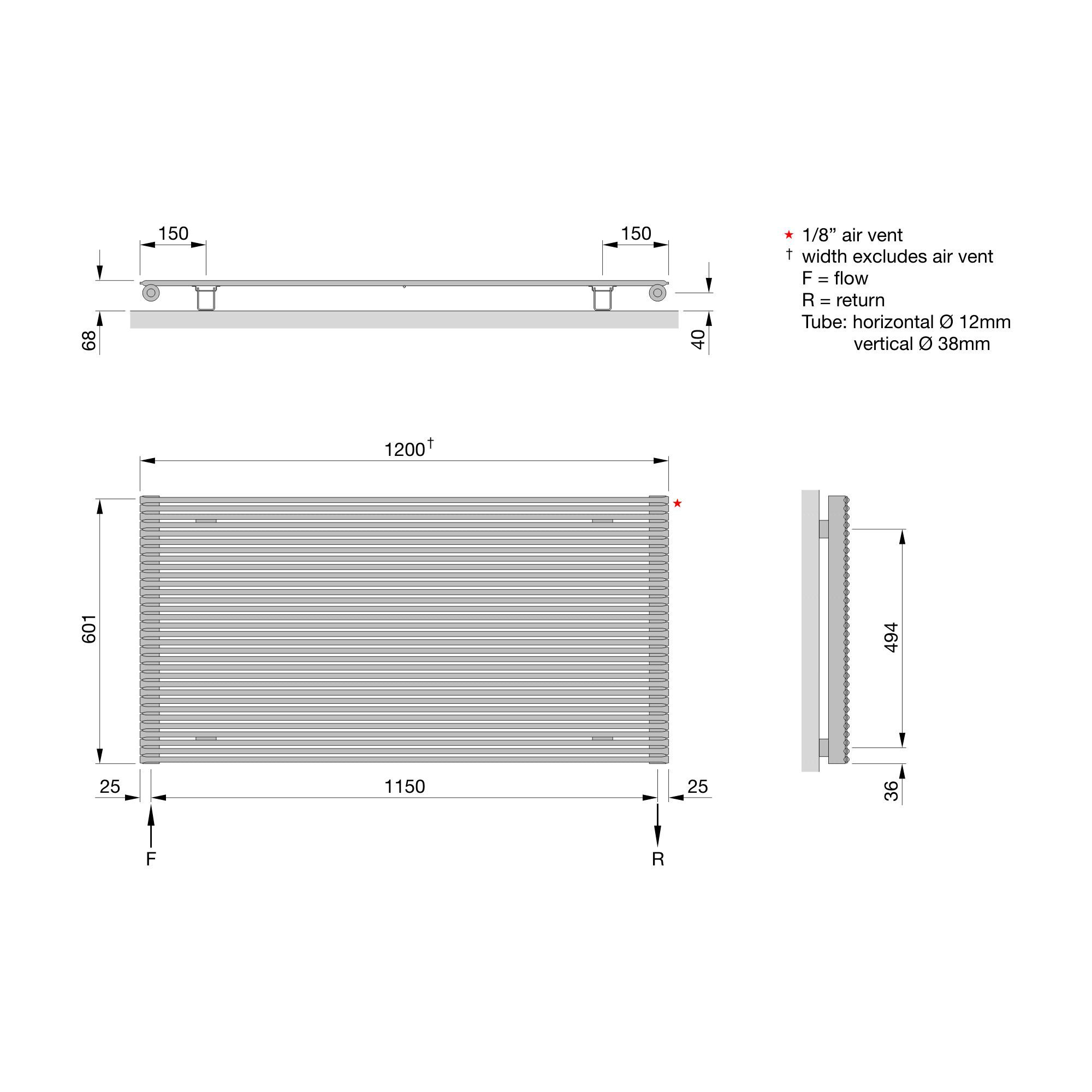Acova Striane White Horizontal Designer Radiator, (W)1200mm x (H)608mm