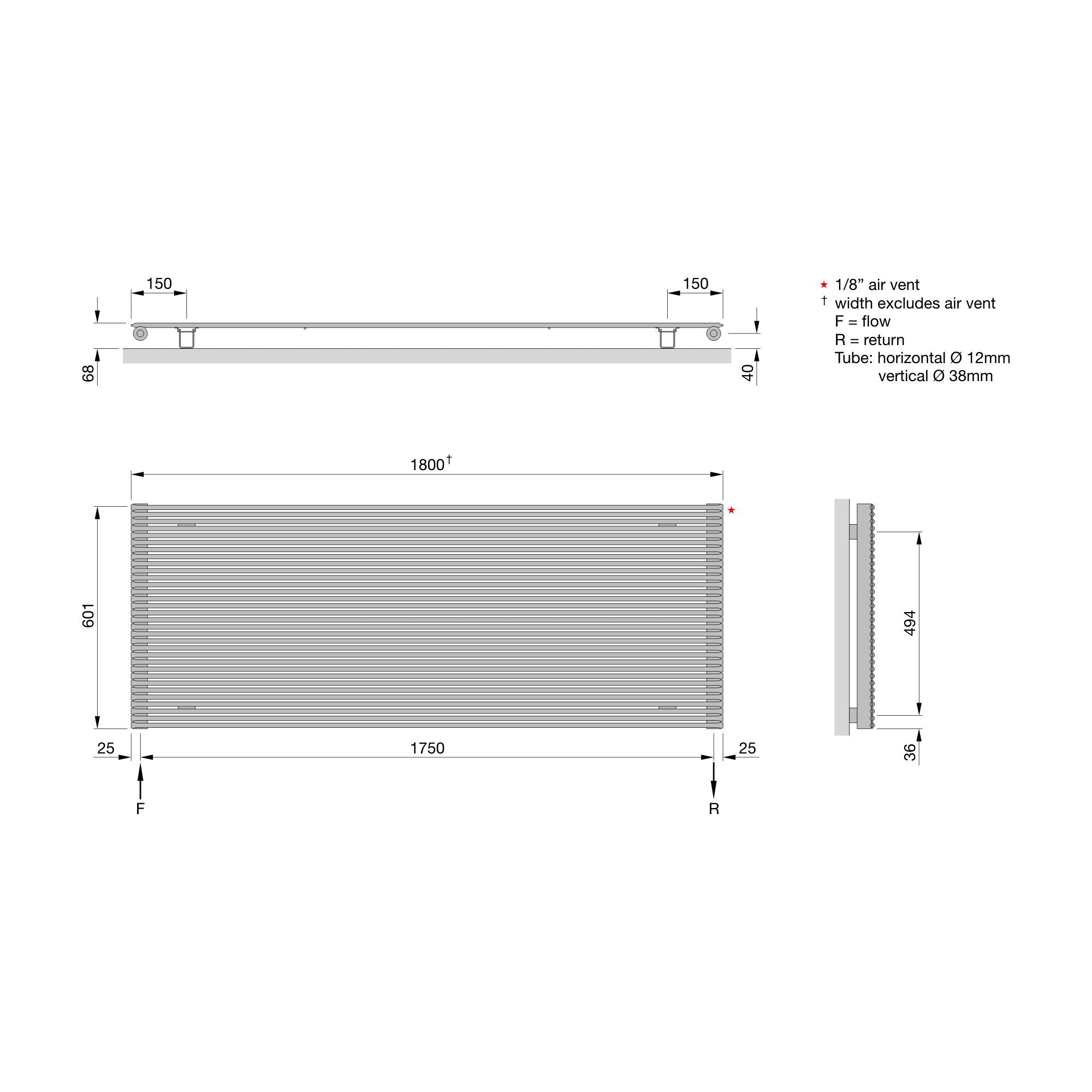 Acova Striane White Horizontal Designer Radiator, (W)1800mm x (H)608mm